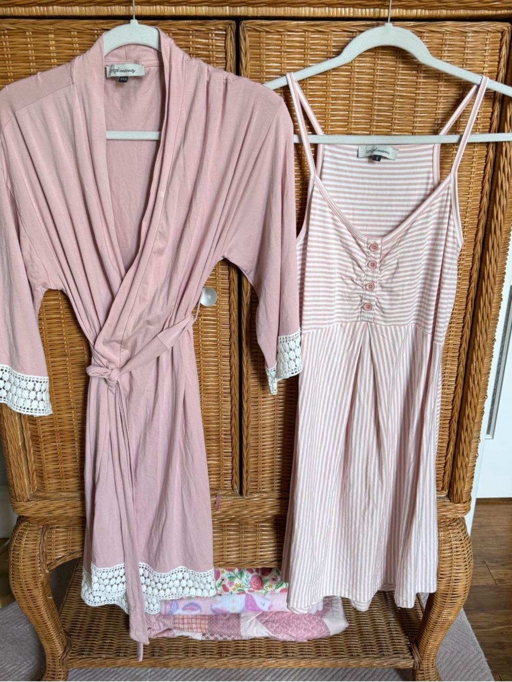 Angel Maternity set: Blush Lace-Trim Robe with Striped nightgown